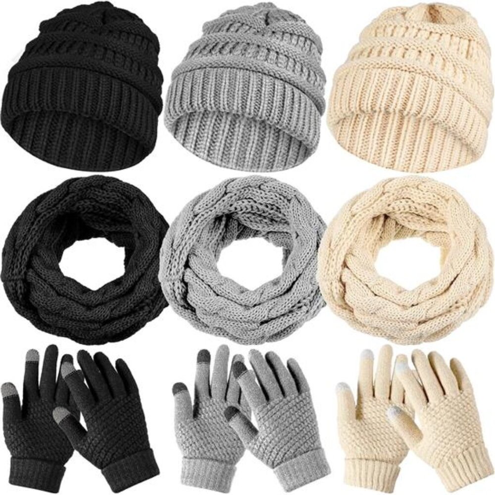 JaGely 9 Pcs Women Winter Hats Gloves Scarf Set Knit Beanie Hat Touchscreen